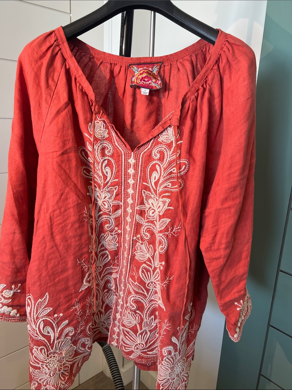 Johnny Was Coral Red Embroidered Tunic Top